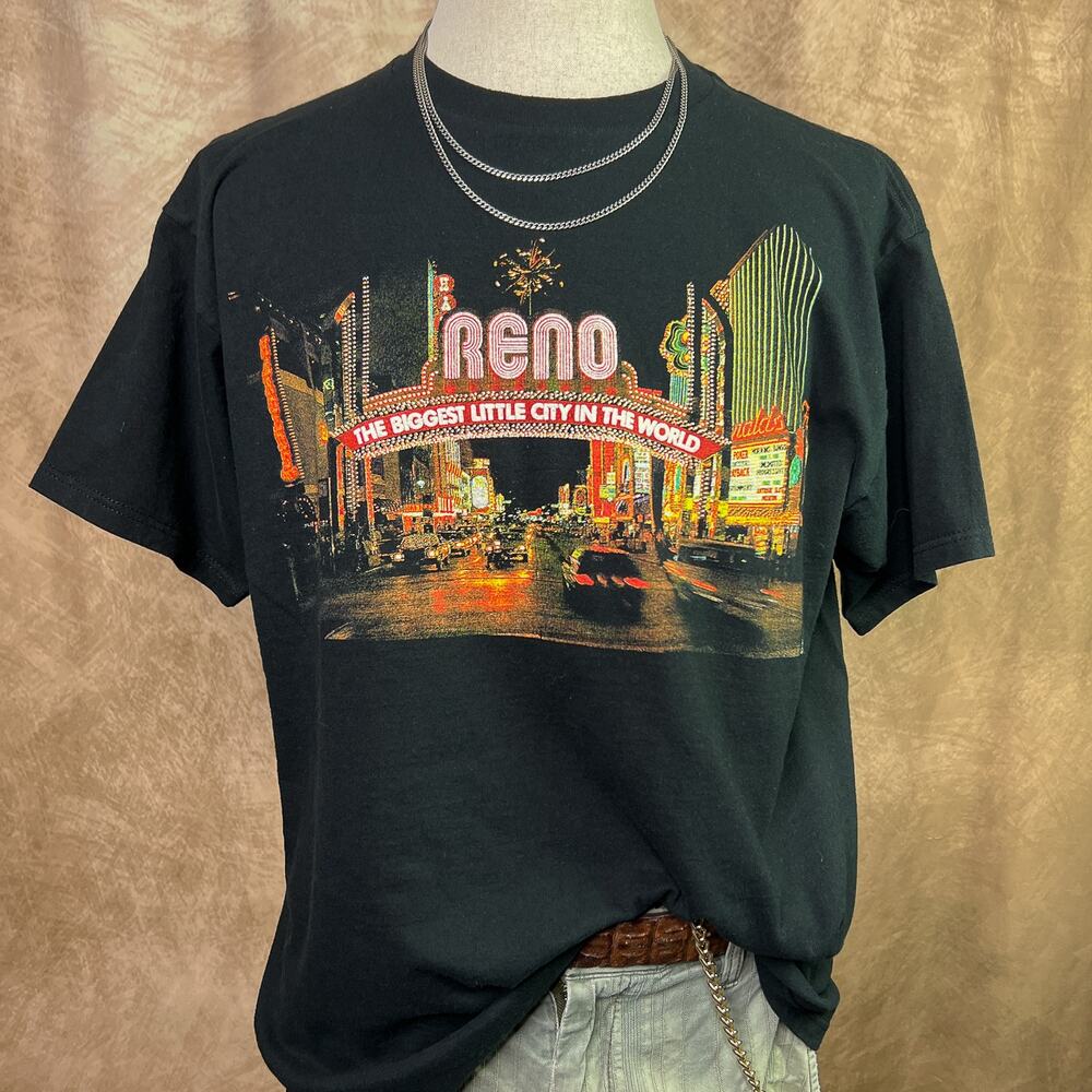 Reno Nevada T-Shirt Graphic Tee Vintage 90s Black Short Sleeve Casino Vacation